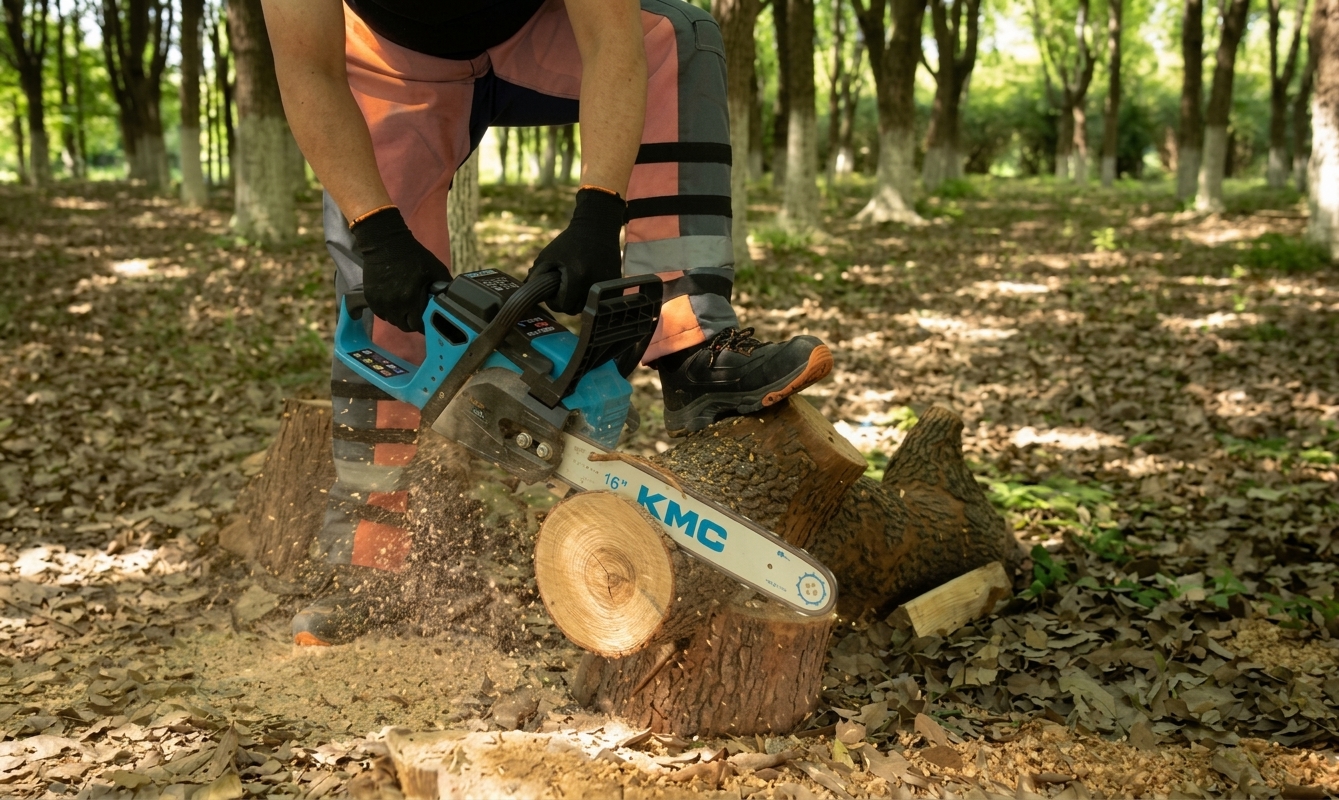 KMC chainsaw cutting a log in real working conditions