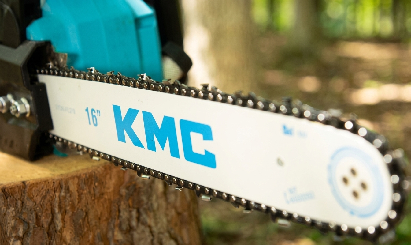 Close-up of a KMC chainsaw guide bar and chain